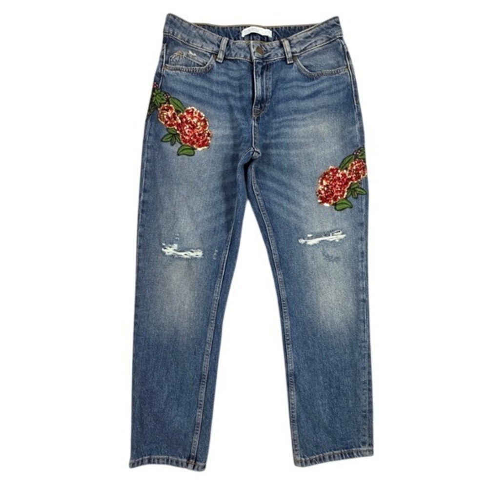 Zara Basic Z1975 Distressed Sequin Floral Straight Leg Jeans Blue Womens 4 26